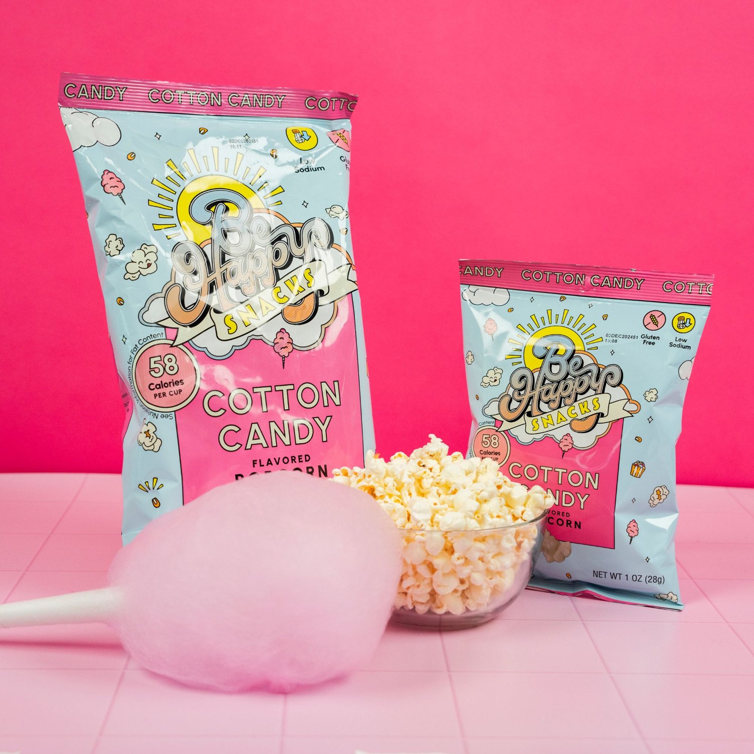 Be Happy Snacks Cotton Candy popcorn with cotton candy, campaign photography